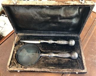 Vintage desk set, magnifying glass and letter opener