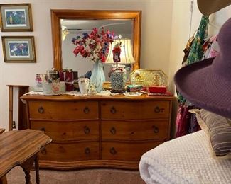 Pine dressing table with mirror, floral, boxes, lamp