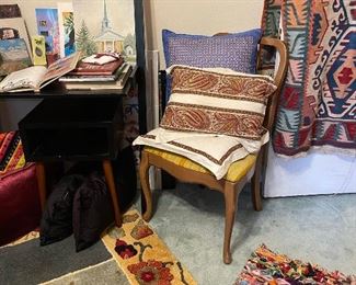 Vintage chair, cushions, rugs