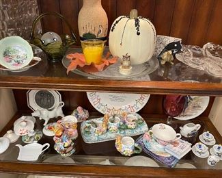 Pottery rabbit tea set, plates