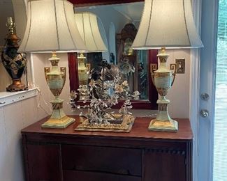 Vintage Buffet, french chandelier, lamps and a wonderful wood carved mirror