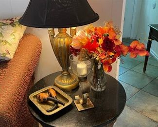 Metal accent table with marble top, brass pieces, floral and there are two of these lamps