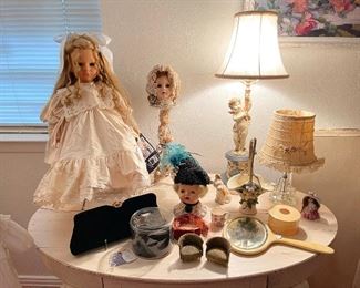 Zapt Creation Designer Dall made in 1993, vintage doll heads, doll hose furniture, french ivory mirror and hair receiver, vintage lamps