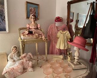 Vintage vanity stool, Vintage Boudoir Doll, Sherbet glasses, vintage dress