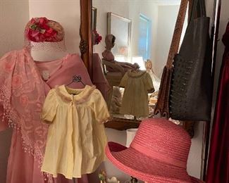 Pink gown, vintage baby gown, pottery, large mirror