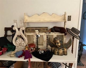 Vintage wood accent pieces, painted shelf with cupboards, vintage purse, tassels