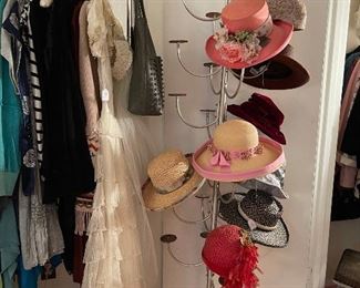 Vintage hats, vintage wedding dress and clothing