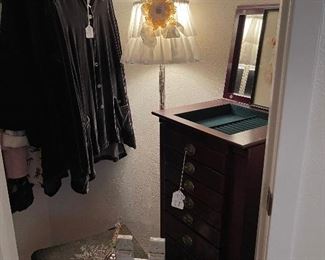 Cherry jewelry chest, vintage floor lamp, foot stool
