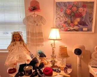 Designer Doll, vintage hats, purses, gloves, lamps