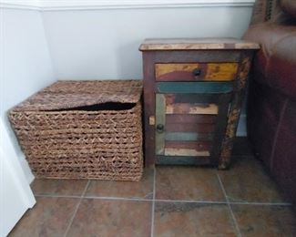 Rustic Side Table, Woven storage basket