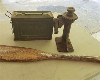 wooden paddle, ammo box, jack