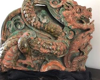 $250- Free Standing, Terracotta w/green glaze Dragon from a Ching Dynasty wall, ca. 1700-1800.  Heavy, beautifully rendered, shows sign of its age. 