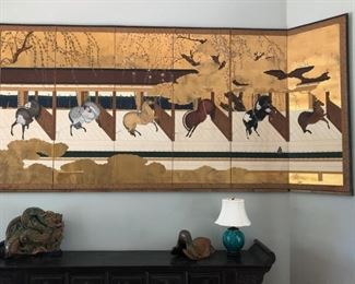 $900-Japanese Six-Panel Horse Screen, mid-20th century.  Based on a traditional design of Samurai’s horses tethered in a stable (in history, Samurai were the only people who owned horses).  Has wear, and minor tears, but colors are vibrant Dimensions 5'  High x 12' long 