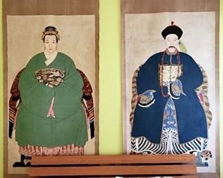 $450-Pair of Ancestor Portraits, mid to late 20th century.  Based on traditional ancestor portrait model of husband and wife portrayed individually, were used for family worship (displayed during domestic ritual ceremonies, especially during the Lunar New Year). These are large wall sized.  Dimensions 88" x 39"