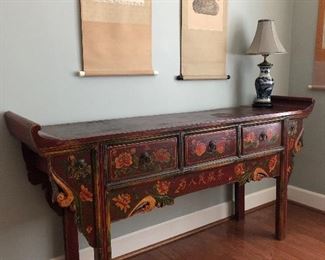 $500-Painted Chinese Altar Table mid-20th century. Size 6' long Height 33 and 1/2" High, 16 and 1/2" high 