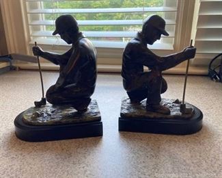 Kneeling Golfer Figurines Lot of 2 with Fine Detail on Base Bookends