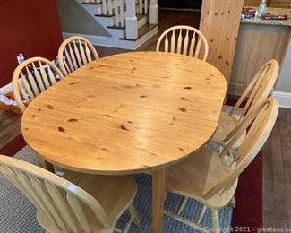 Rustic Pine Oval Kitchen Table with Center Leaf and 6 Wooden Chairs