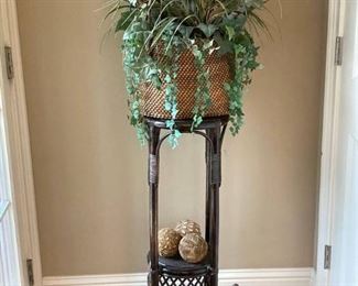 Tiered Rattan Plant Stand Dark Wood with Large Basket Floral Arrangement and 3 Orbs