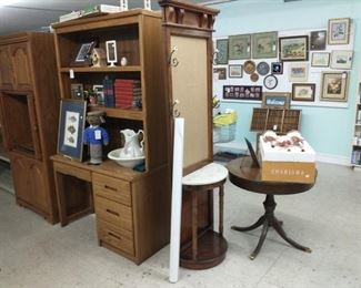 Hall tree does NOT have mirror. 
Desk and hutch are 2 PCs.
Antique table is $99 reg price - % and has a drawer!