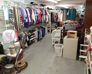 Floor Buffer, Clothes (most $1 per pc. reg price), shoes $2, belts $1, ties $1, Hats $2, scarves $.50, crib, cradle,file cabinet.