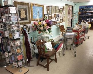CDs, solid oak chair, artwork and more! Beautiful antique frame and picture.....first on left - reg price $199.00 - % off.
Plus carts of things going out!!!