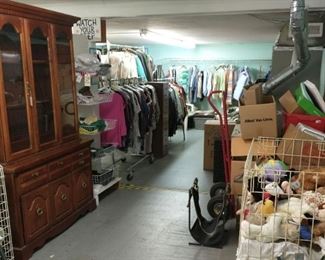 China hutch (2pcs), stuffed animals, hand truck, clothes and linens!