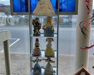 Stain glass piece, vintage wedding topper(sold) and bells!!