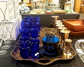 Blue Glassware, Blue Black Coffee Cup and Silver Plate Wine Goblets