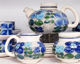 Eduardo Vega Peacock Patter Ceramic Tea Set Cuenca Eccuador 20 Piece Set