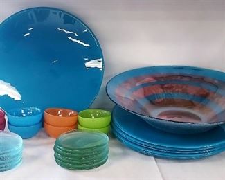 Festive Color Glass Plates, Bowls, Saucers 