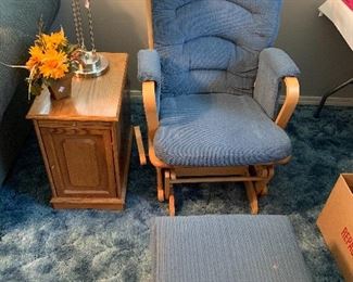 Glider with ottoman, and tables, and lamps