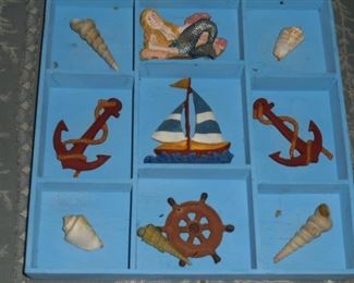 Small blue 6 section box w/nautical items