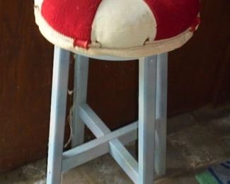 Blue stool w/red & white pillow top