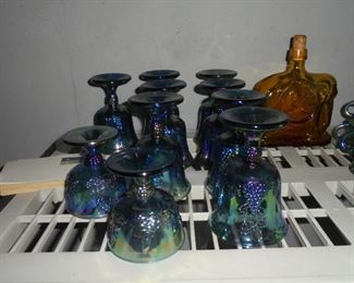 Carnival glass 8 stemmed glasses/ 2 stemmed fruit cups/1 creamer/15 punch cups 