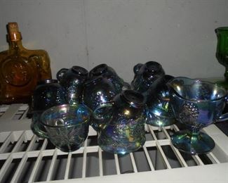 Carnival glass 8 stemmed glasses/ 2 stemmed fruit cups/1 creamer/15 punch cups 