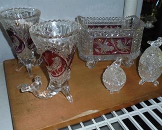 Leaded crystal bird motif pieces and Ruby crystal pieces