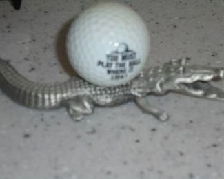 Pewter alligator w/golf ball 'You must play it where it lies' 