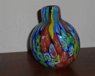 Small heavy glass vase painted from inside