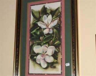 Pair framed & matted pictures of gardenias/magnolia blossoms 