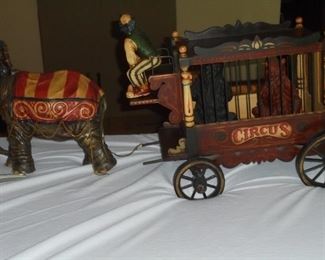 Circus tiger & bear cage wagon w/clown driver & elephant pulling wagon