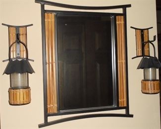Bamboo mirror w/ pair matching candle holders