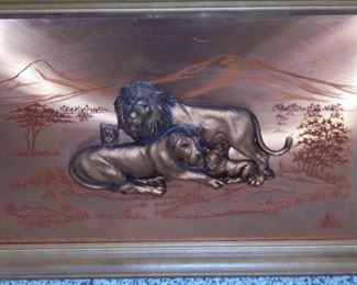Wood framed Copper 3-D etched Lion Picture