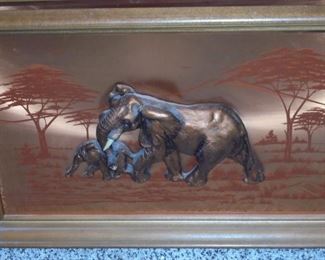 Wood framed Copper 3-D etched elephant picture