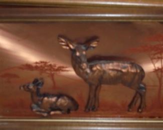 Wood framed Copper 3-D etched deer picture