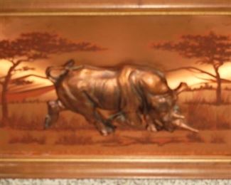 Wood framed Copper 3-D etched rhino picture