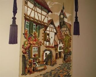 Cross stitch tapestry of old village 