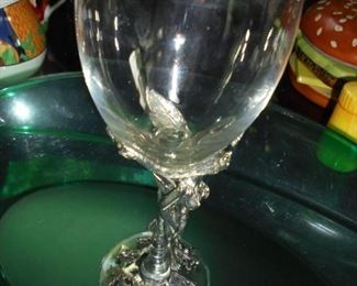 2 stemmed glass wine glasses w/lead nymphs