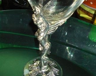 2 stemmed glass wine glasses w/lead nymphs