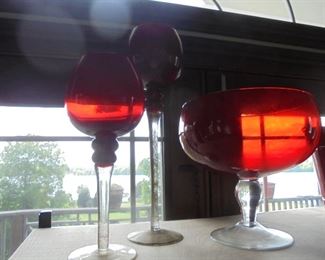 3 red stemmed globe candle holders