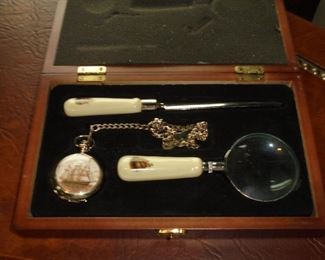 Schooner letter opener, magnifying glass, & pocket watch in wood case